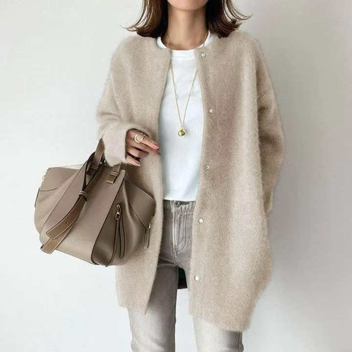 Women's vintage knit cardigan cozy single-breasted O-neck autumn layering piece in warm tones
