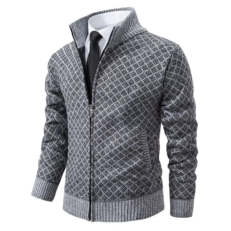 Men's lightweight knitted zip-up cardigan sweater with stand collar in versatile casual style