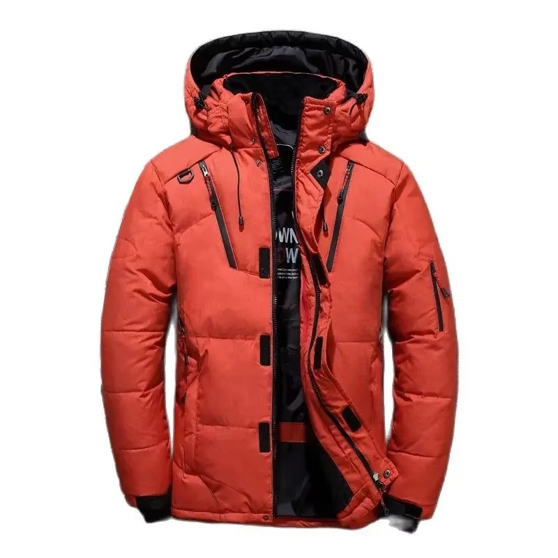 Men's white duck down hooded parka, weatherproof shell, extreme cold-weather coat rated to -20°F
