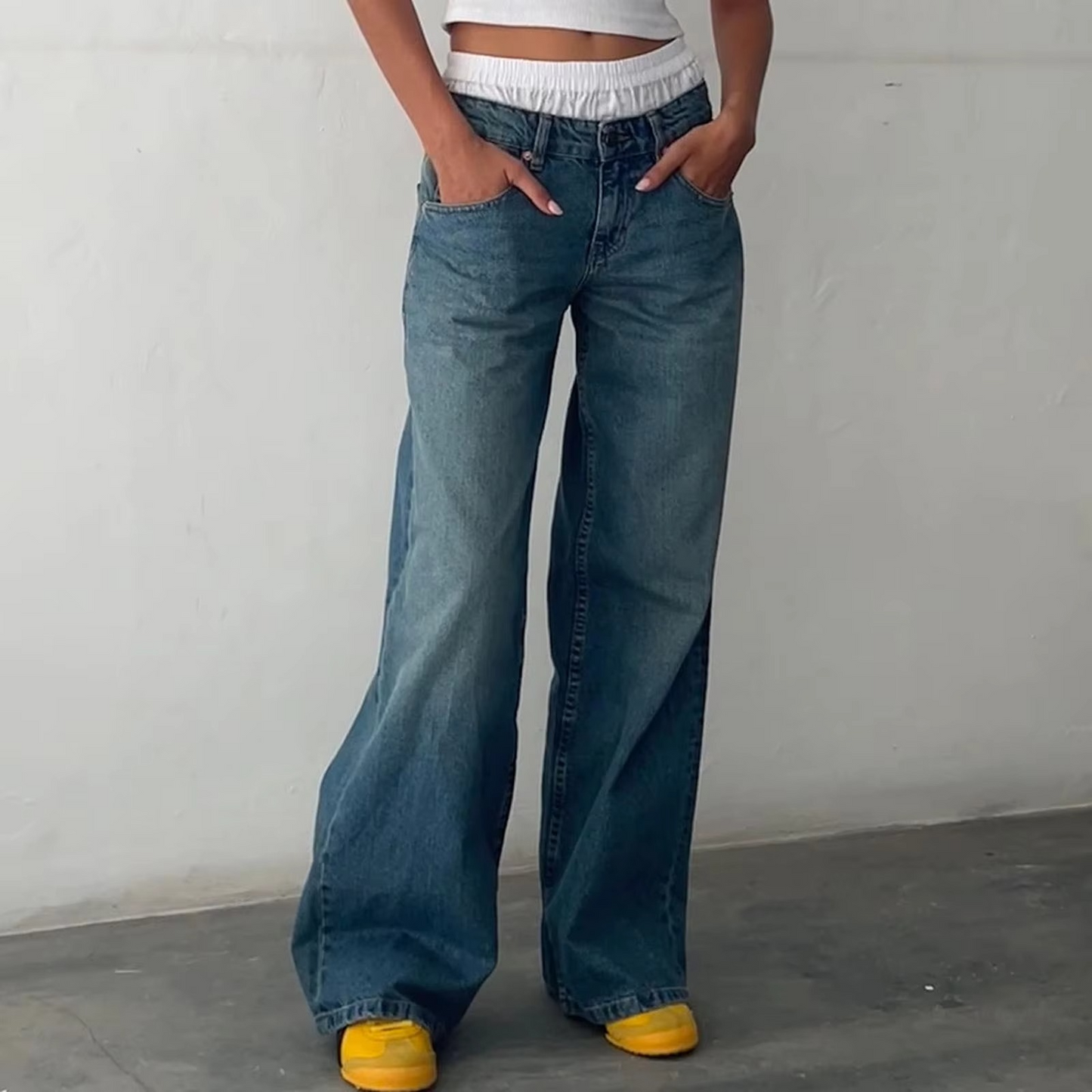 Women's retro washed mid-rise straight leg jeans in vintage blue soft cotton denim flattering fit