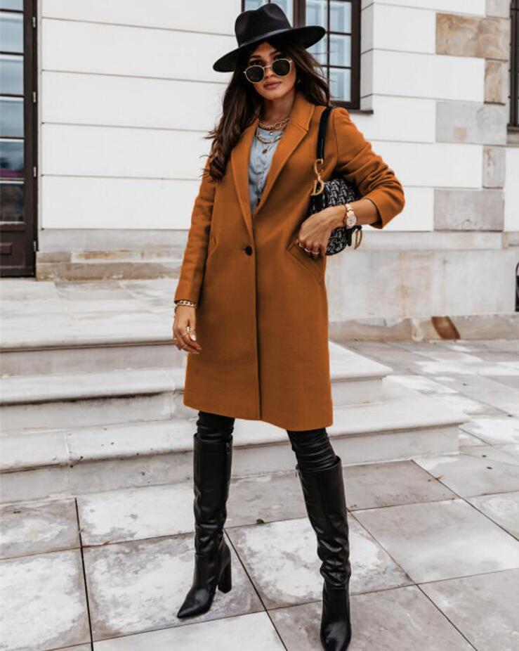 Women's double-breasted long coat structured tailored silhouette timeless elegant formal outerwear