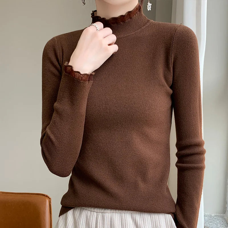 Women's ivory cashmere blend mock neck sweater, long sleeve slim fit with breathable lightweight knit