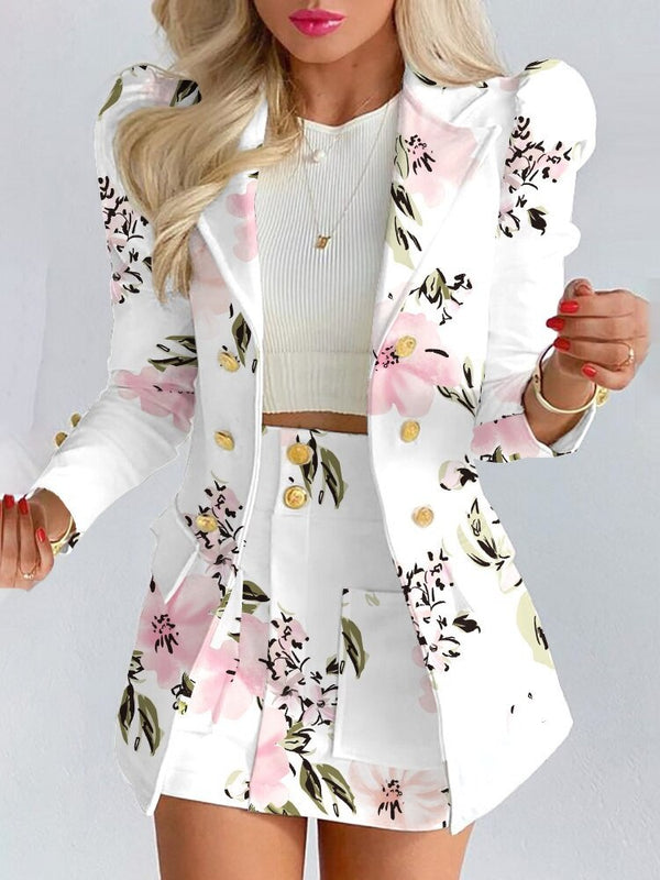 Women's floral print tailored blazer and skirt coord set for work and events structured fit