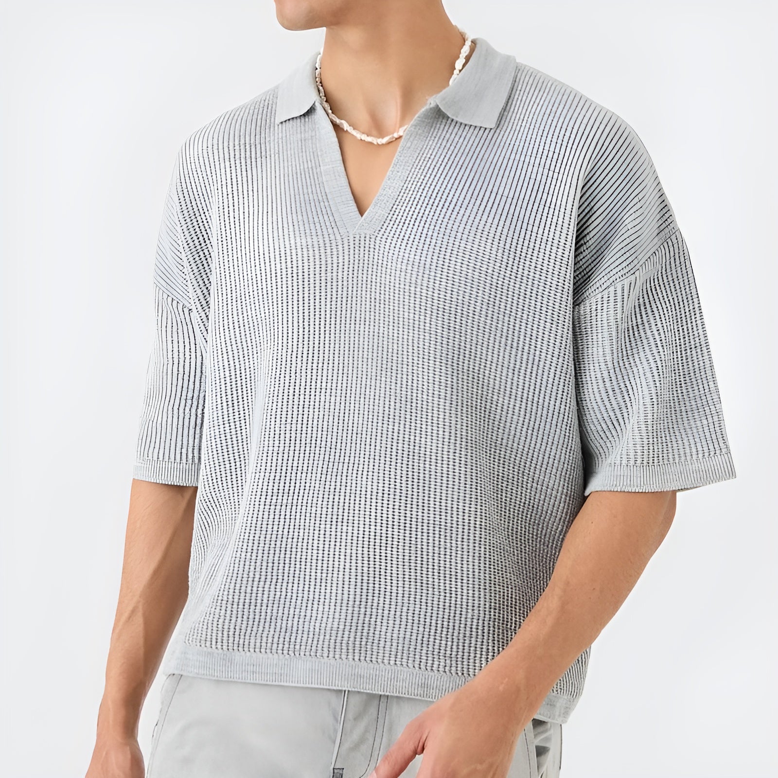 Unisex oversized boxy knit polo shirt honeycomb texture breathable casual retro V-neck flat collar