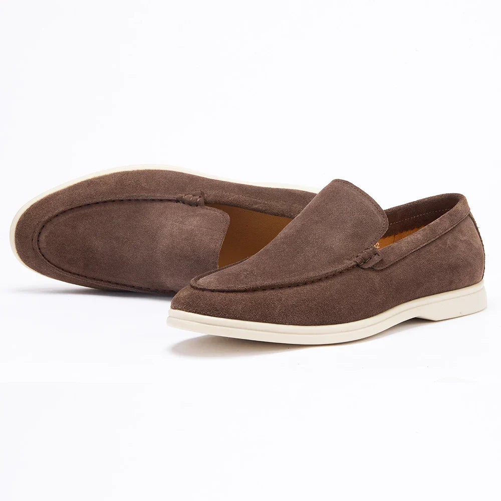 Men's brown nubuck suede loafer slip-on with genuine leather lining and cushioned insole