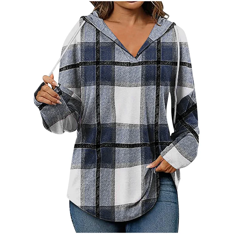 Ruby oversized V-neck hoodie women grid pattern cotton-poly blend cozy casual cool-weather layering
