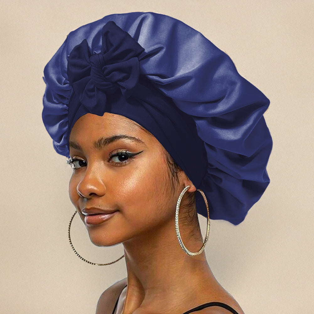Silk sleep cap for women in elegant neutral tone, luxurious hair protection bonnet with smooth finish