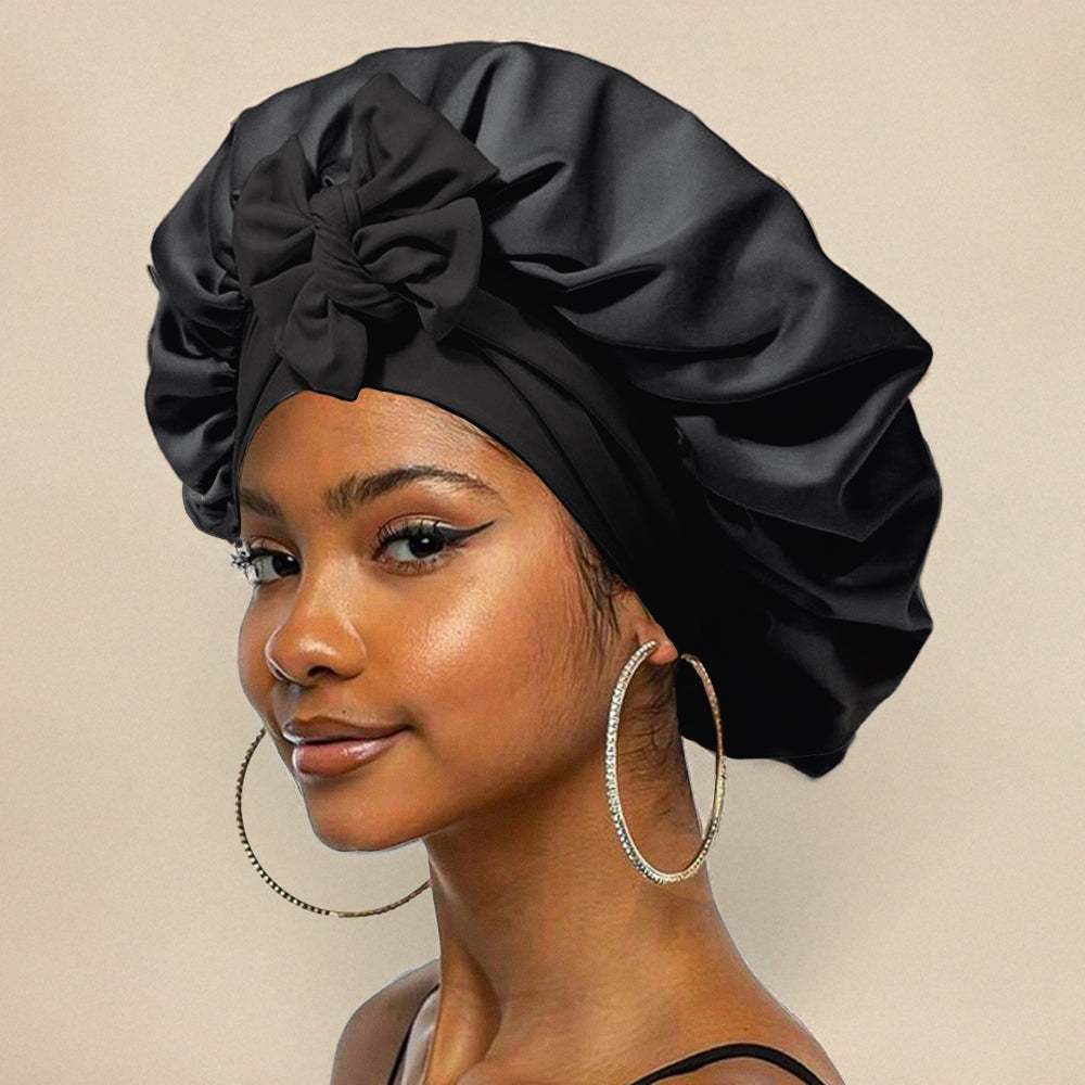 Ivory silk sleep cap for women with adjustable band, luxurious hair protection against breakage and split ends