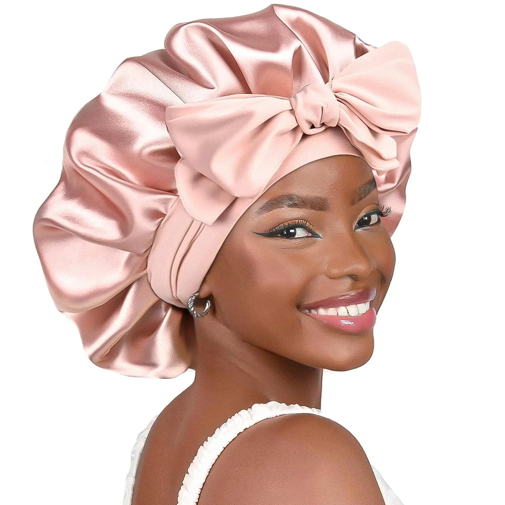 Silk women's sleep hair cap in neutral tone, luxurious breathable fabric for frizz and breakage protection