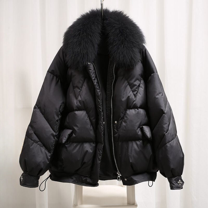 Women's ivory elegance coat faux fur collar HeatLock insulation rain-ready luxurious warmth
