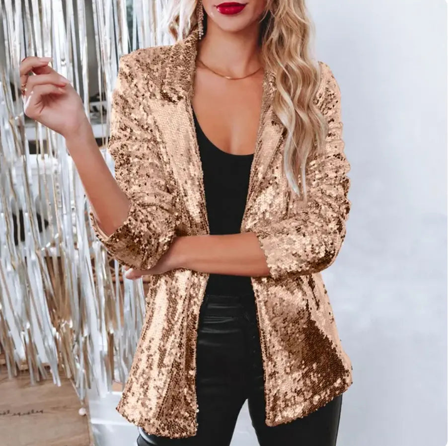 Women's relaxed fit sequin blazer, glamorous shimmering statement piece for night out parties