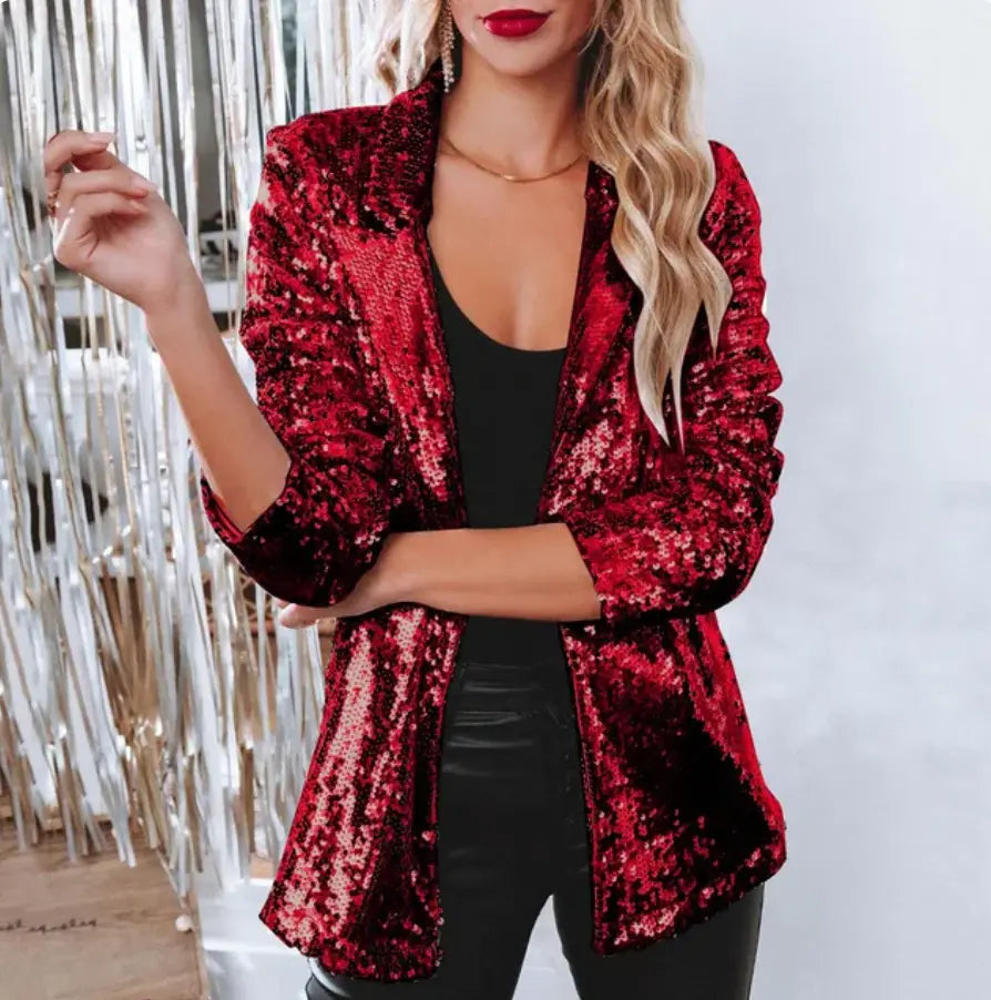 Women's relaxed fit sequin blazer, glamorous open-front statement piece with all-over shimmer