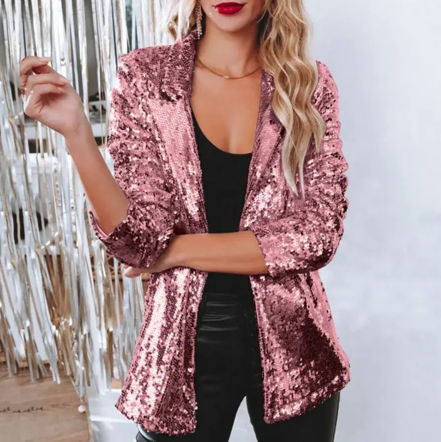 Women's relaxed fit sequin blazer, glamorous shimmering open-front statement piece for nights out