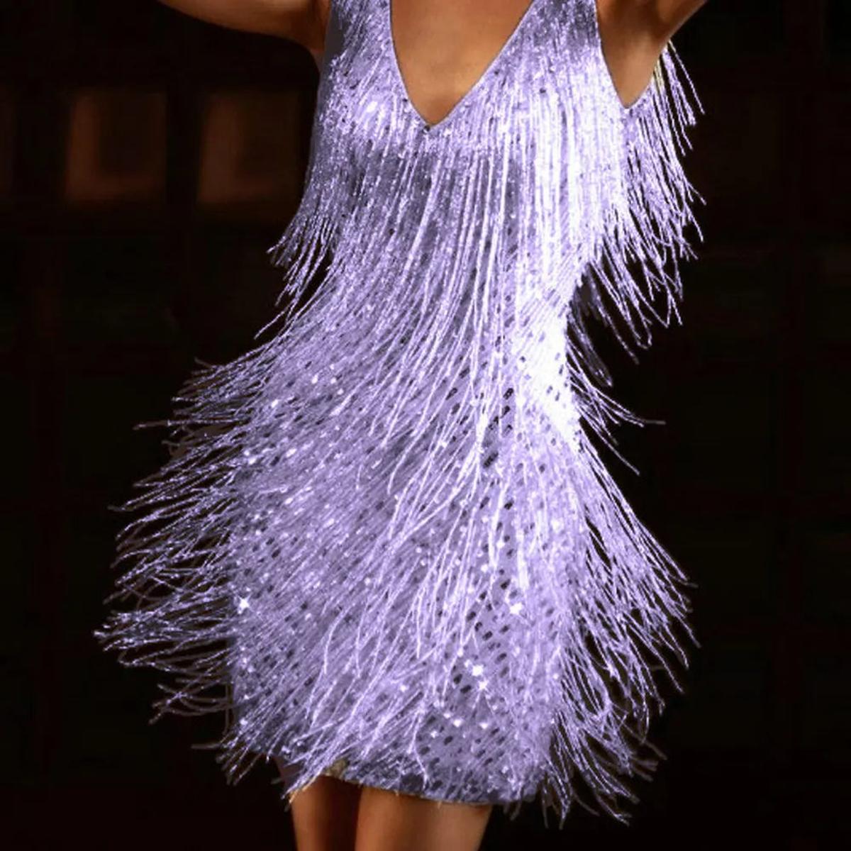 Silver sequin tassel fringe mini dress with V-neck backless cut and movable shimmering tassels