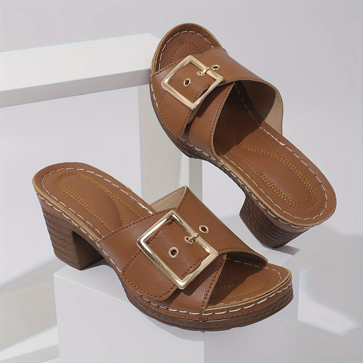 Women's genuine leather block heel sandals in neutral tone, elegant style with all-day comfort design