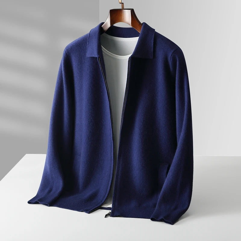 Serena women's cashmere cardigan structured collar zip-front neutral knit with side pockets