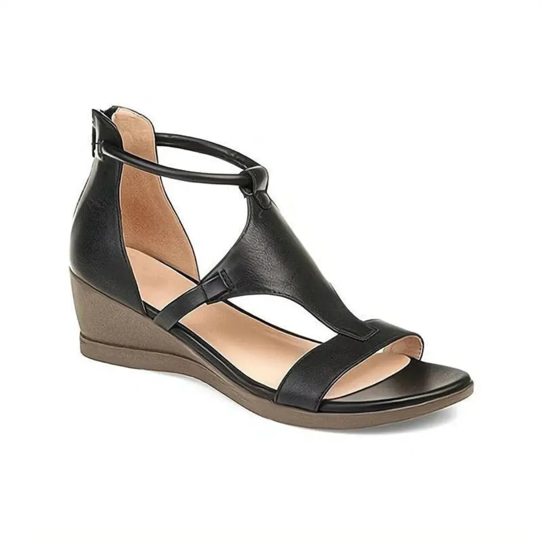 Women's beige orthopedic wedge sandals with ankle strap closure and cushioned insole for all-day support