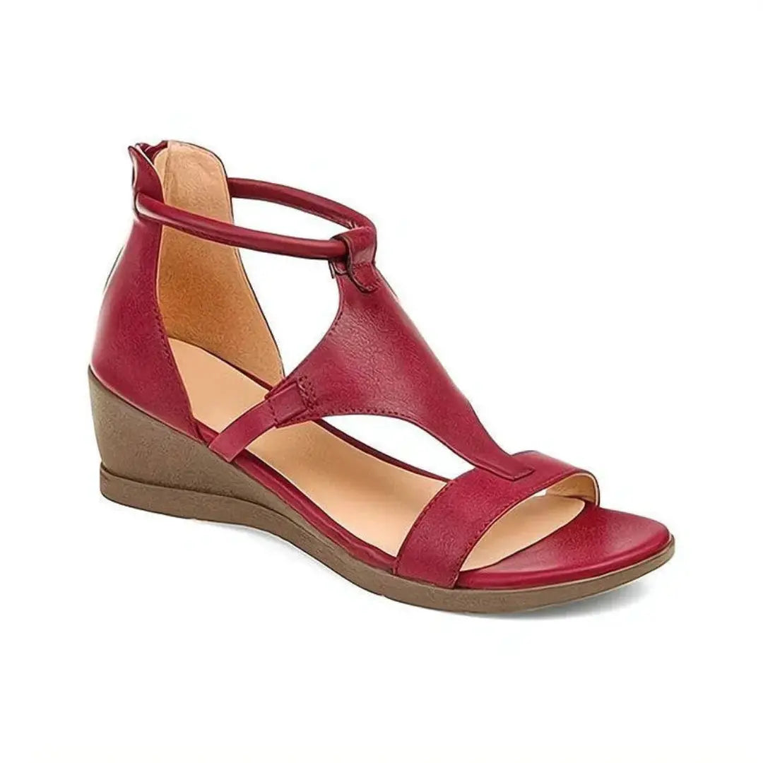 Women's beige orthopedic wedge sandals with ankle strap closure and cushioned insole for all-day support