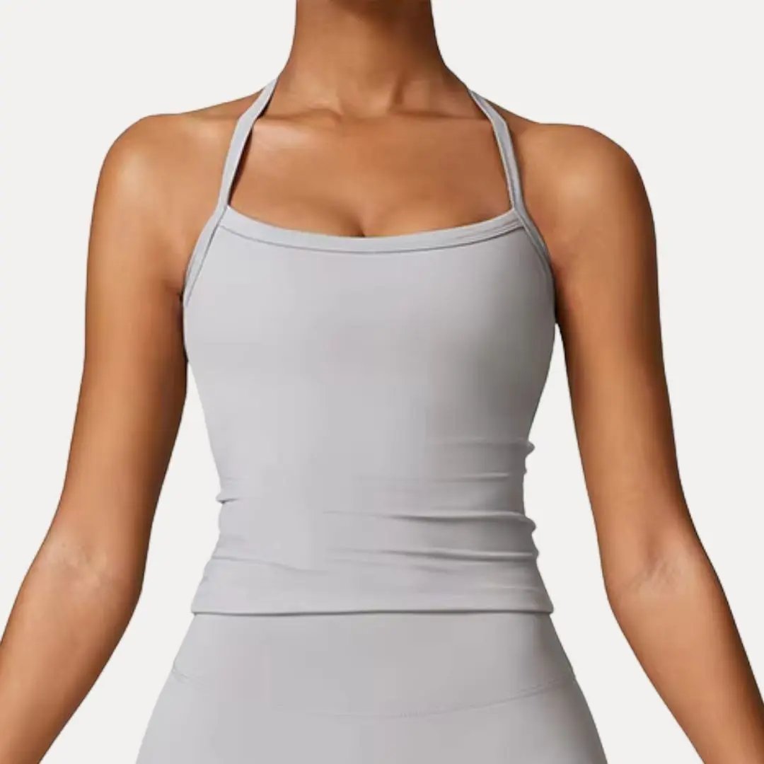 Women's black strappy back push-up yoga tank top with moisture-wicking breathable performance fabric