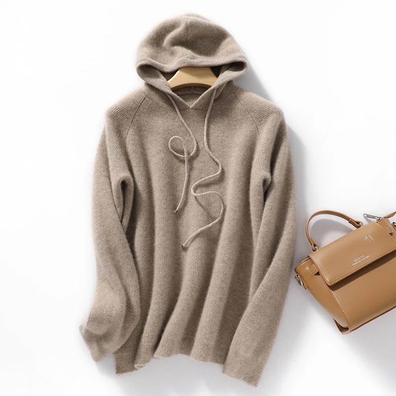 Women's relaxed ribbed wool blend hoodie in soft knit with long drawstrings for modern everyday comfort