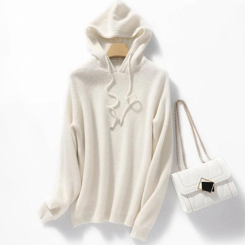 Women's relaxed ribbed wool blend hoodie in soft knit with drawstring hood for everyday comfort