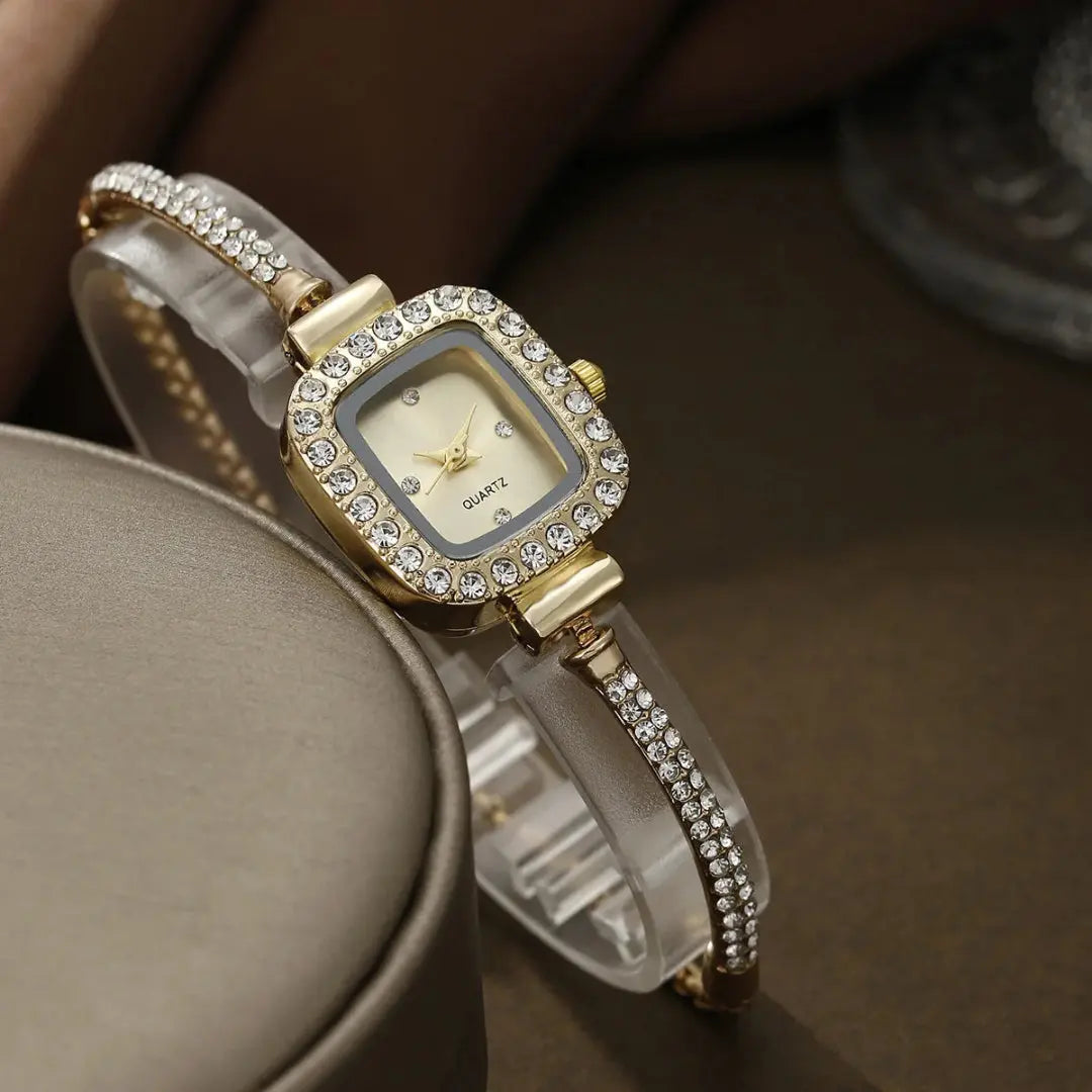 Women's crystal bracelet watch, slim bangle-style with dainty square face and sparkling crystal accents