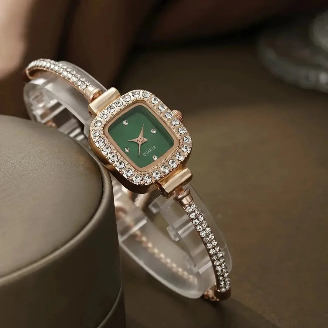 Women's crystal bracelet watch, slim bangle style, square face with brilliant-cut crystal accents