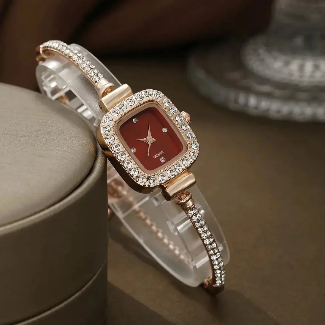 Women's crystal bracelet watch, slim bangle-style, square face with brilliant-cut crystal accents