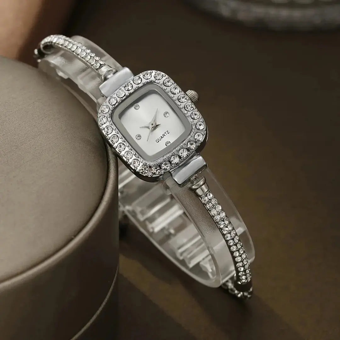 Women's crystal bracelet watch, slim bangle-style, square face with brilliant-cut crystal accents