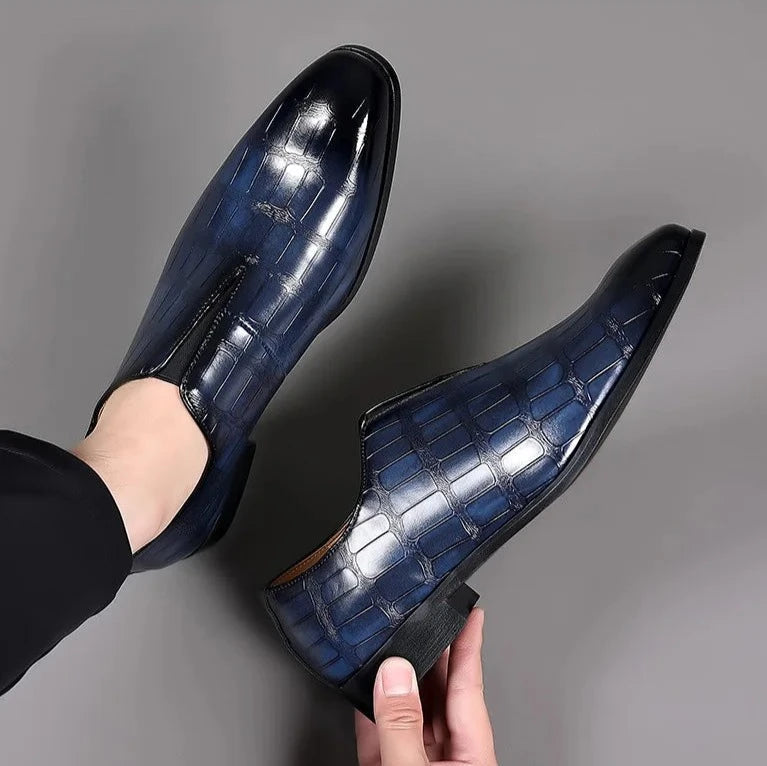 Men's brown croc-embossed genuine leather slip-on loafers with cushioned insole classic style