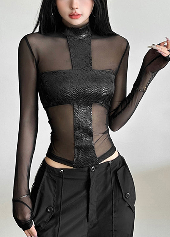 Haut sexy noir à col roulé en tulle transparent pour le printemps - Urbann-Vibe