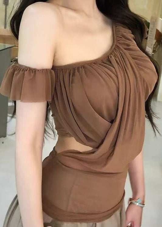 Haut asymétrique en tulle marron sexy à épaules dénudées pour l'été - Urbann-Vibe