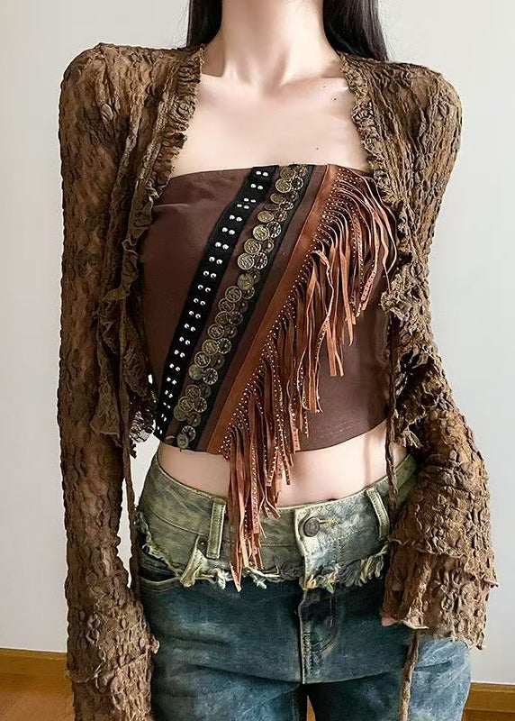 Ensemble deux pièces sexy marron avec cardigans à lacets ajourés et débardeur à pompons, printemps - Urbann-Vibe