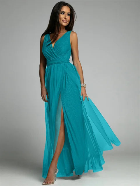 Elisa long satin evening gown black mesh details high slit wrap cut glamorous red carpet dress