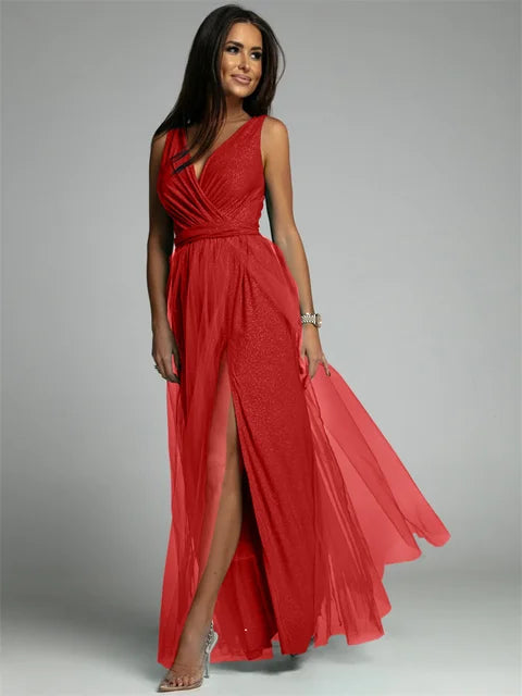 Elisa long satin evening gown black mesh details high slit wrap neckline red carpet glamour