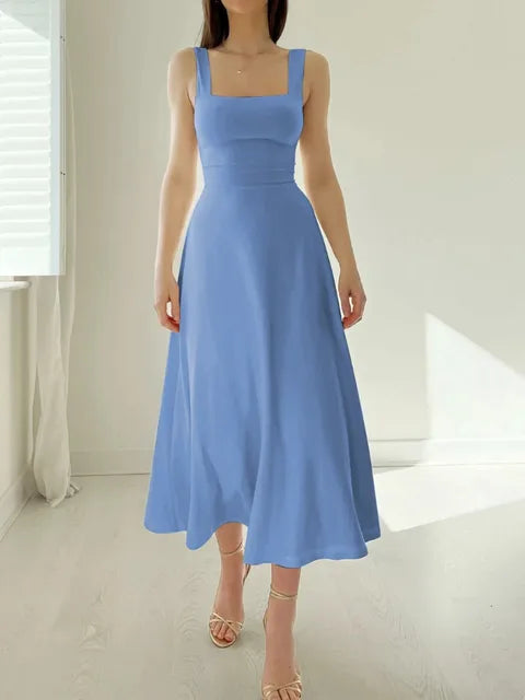 Women's elegant A-line dress with fitted waist, flattering neckline, timeless silhouette