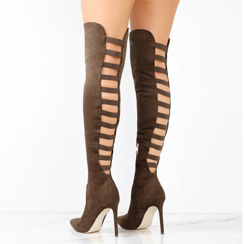 Women's black cutout over-the-knee high heel boots with sleek elongating silhouette for night out