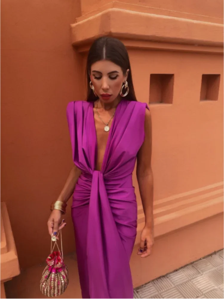 Women's satin-blend evening gown twist-knot V-neck luxe thigh-high slit festive formal dress