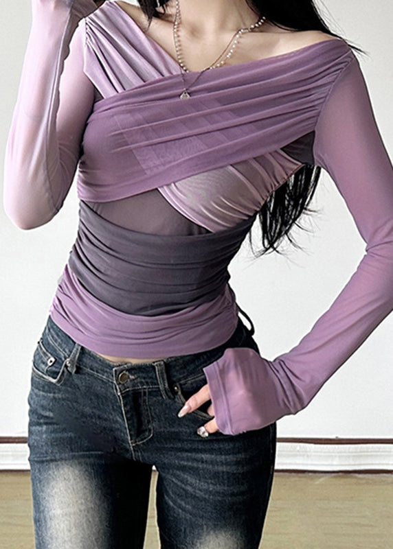 Haut sexy en tulle froissé violet à col bateau, printemps - Urbann-Vibe