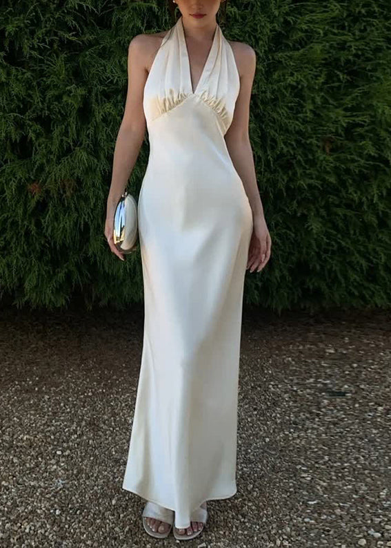 Robe longue sexy en soie à col en V et dos nu, sans manches - Urbann-Vibe