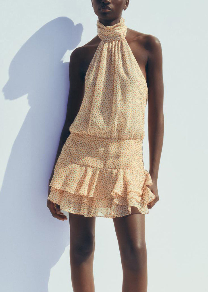 Robe sexy en mousseline de soie jaune dos nu à volants et imprimé sans manches - Urbann-Vibe