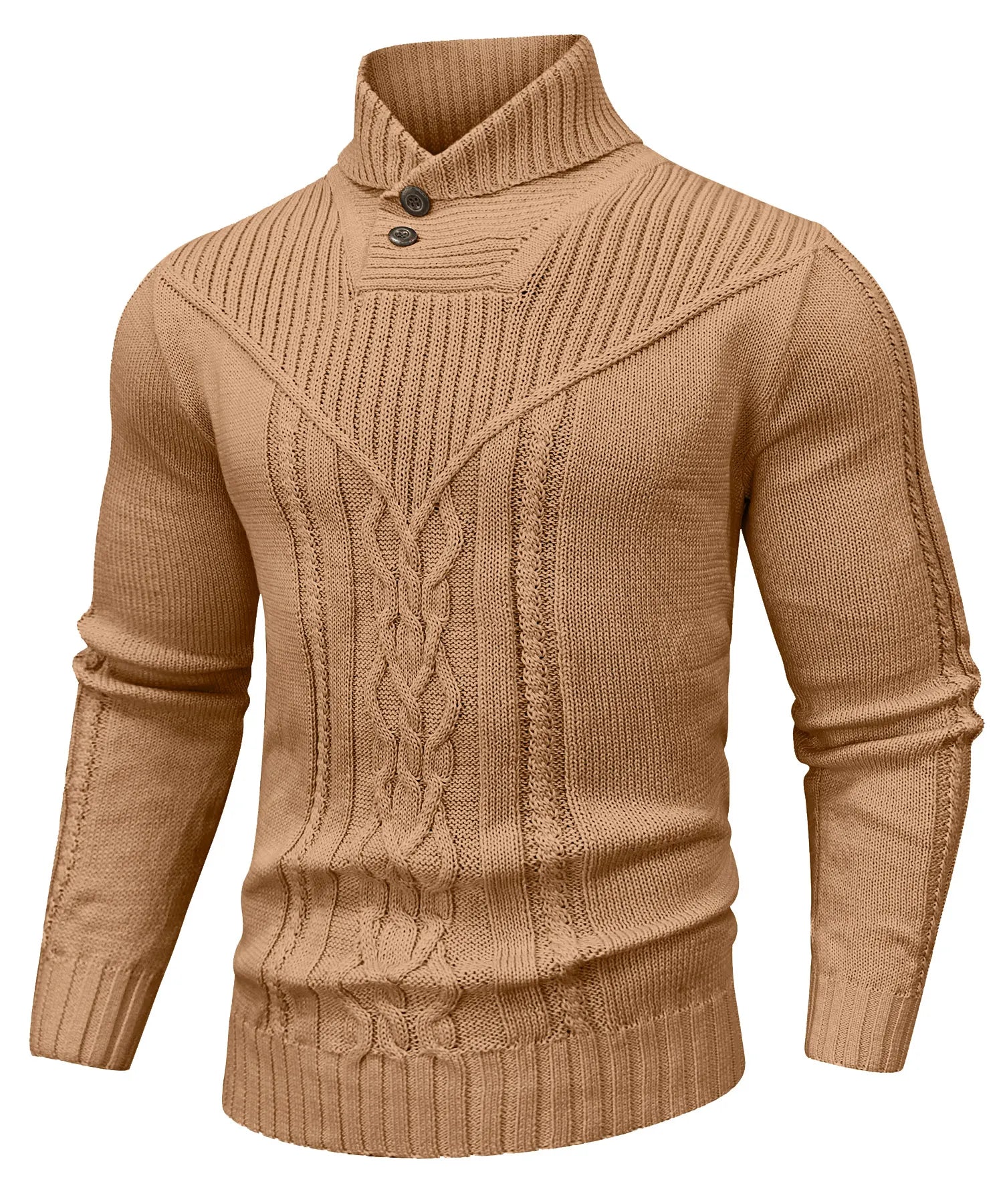 Cream cable knit unisex sweater with high-neck ribbed collar and decorative button closure