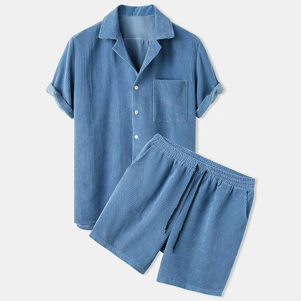 Men's lightweight corduroy 2-piece set short sleeve lapel shirt matching shorts breathable summer outfit