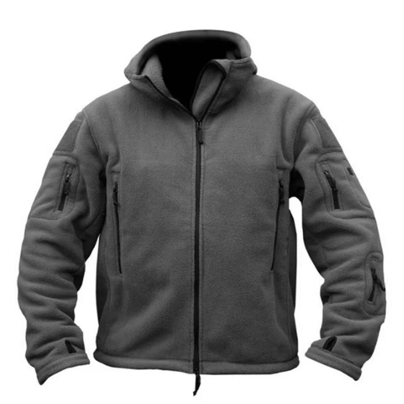 Men's tactical thermal fleece jacket with zippered pockets, water-resistant rugged outerwear for outdoor adventures