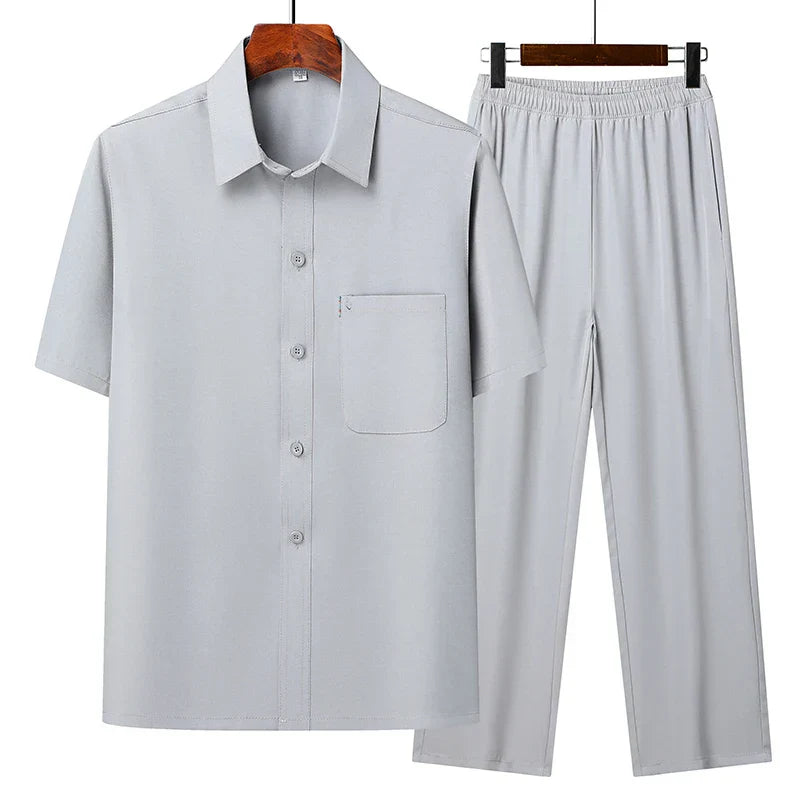 Men's summer matching set breathable lapel collar top loose pants casual stylish outfit