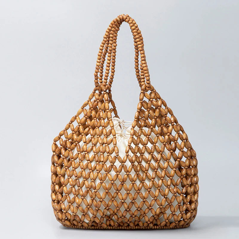 Urbann-Vibe Ava woven beaded tote bag handcrafted wooden beads summer style women handbag