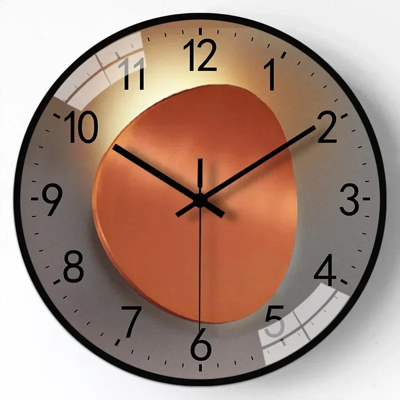Golden tone minimalist wall clock, 30cm glass metal frame, gradient face with warm glow hour markers