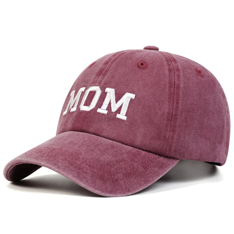 Stone washed mom dad baseball hat with embroidered message, adjustable back, casual unisex style