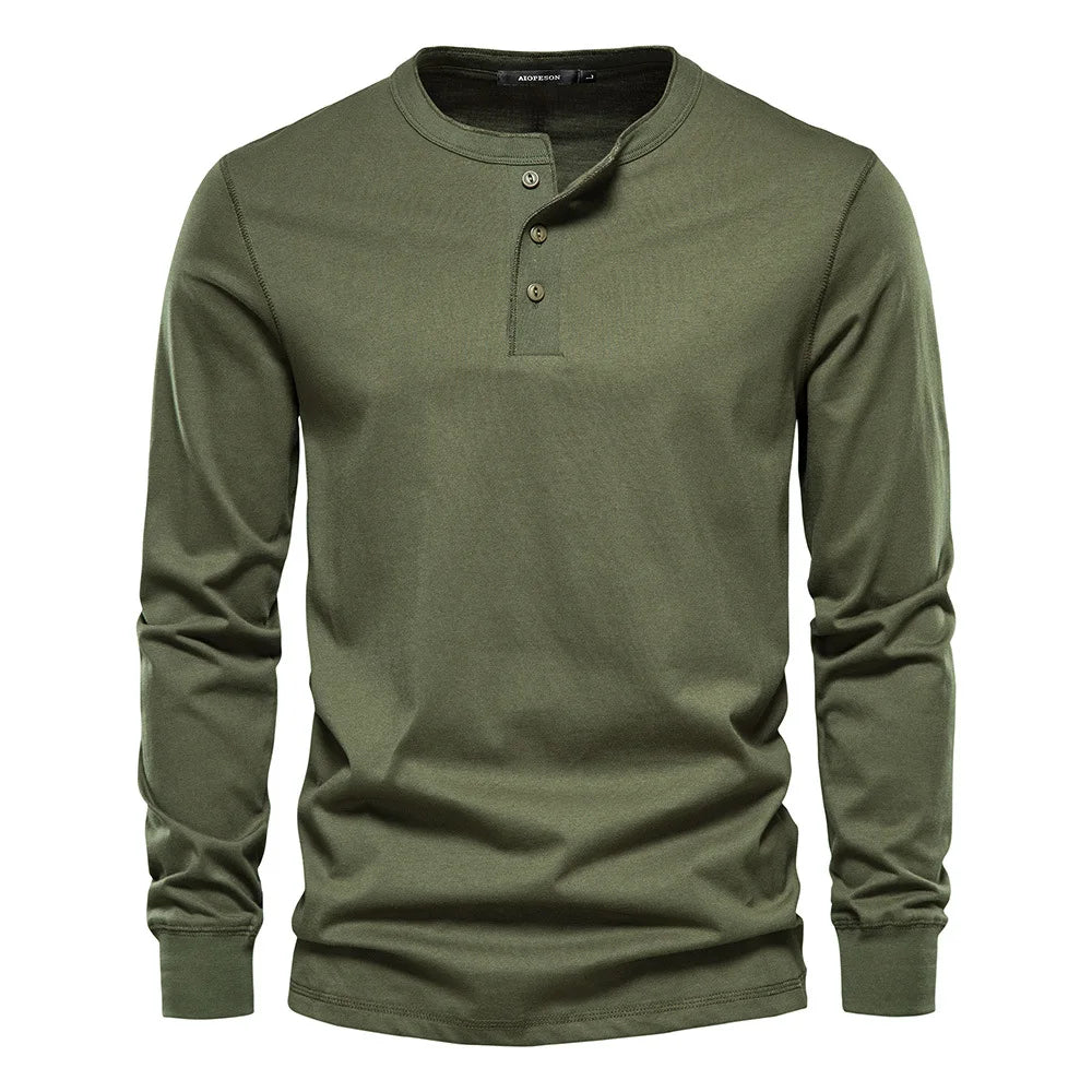 Men's long-sleeve henley shirt relaxed fit classic button-up neckline soft breathable fabric casual wear