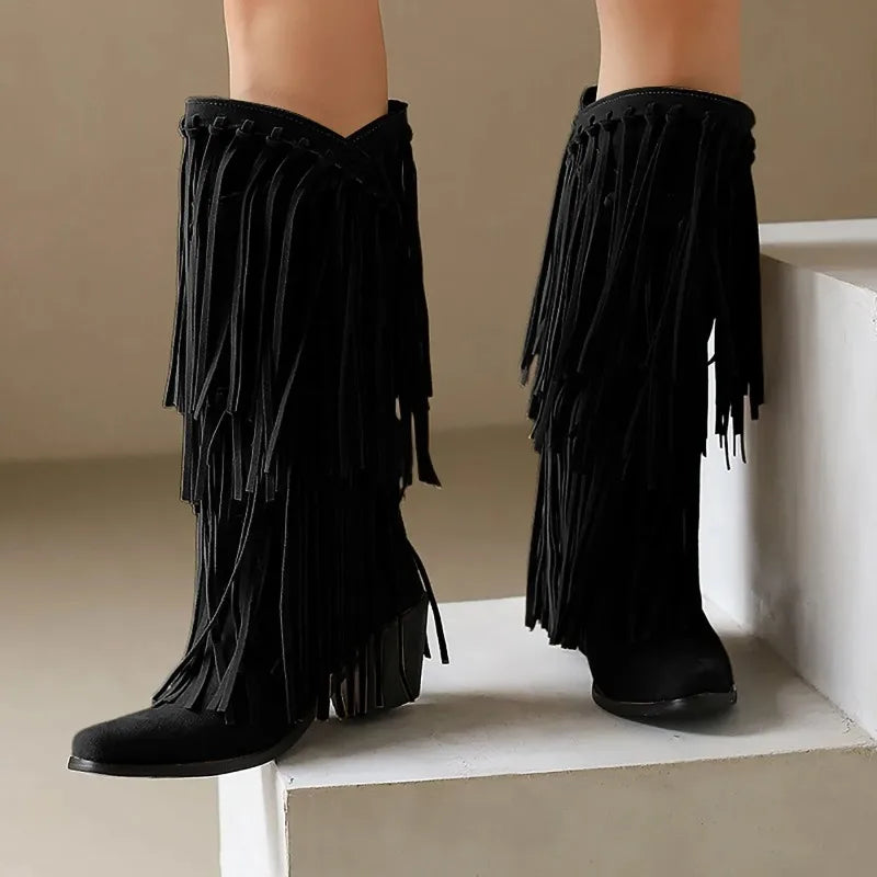 Women's western knee-high boots with flowing fringe detailing and sturdy block heel in bold style